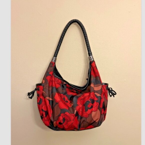 Brighton Jillian Rose Print Nylon Fabric Leather Hobo Bag Red Black - Picture 2 of 16